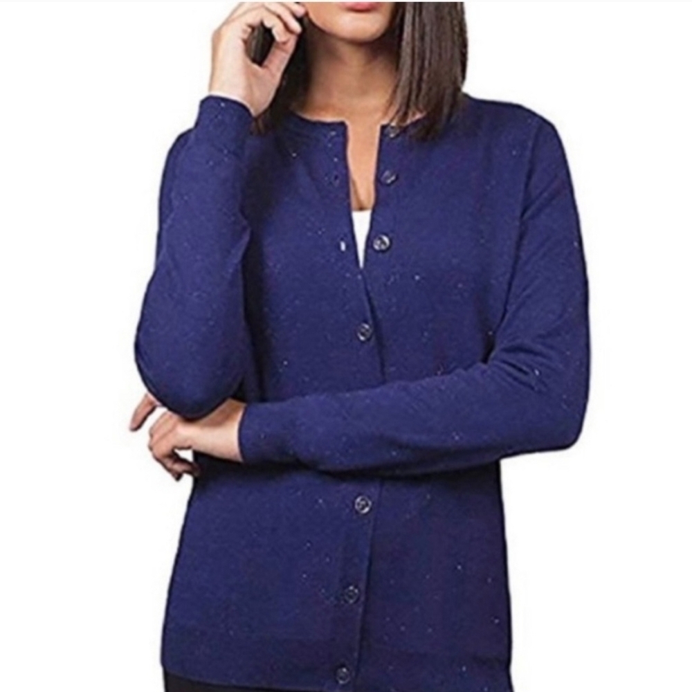 Nicole Miller Deep Blue Button-Up Navy Cardigan Metallic Thread Accent